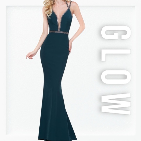 NWT Glow Emerald Green and Silver Bead Illusion Mermaid Gown sz 6 - Picture 1 of 16